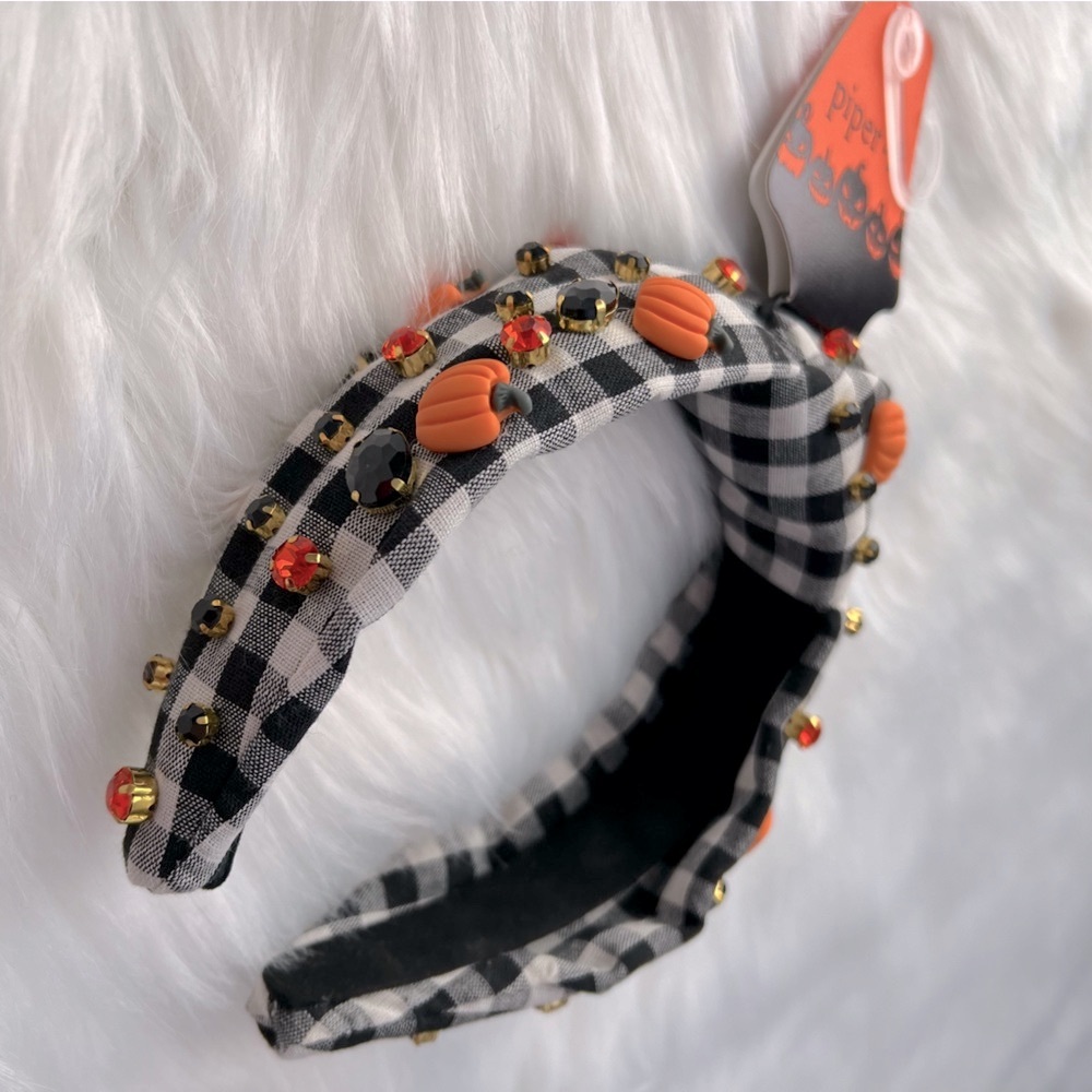 Piper K Checkered Gingham Pumpkin & Rhinestone Headband - NWT - Picture 6 of 6